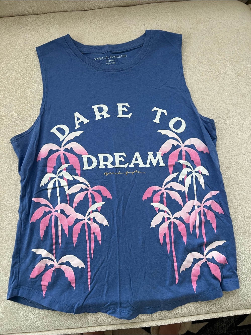 Spiritual Gangster Navy Blue Tank Top with Pink Palm Print - "Dare to Dream"